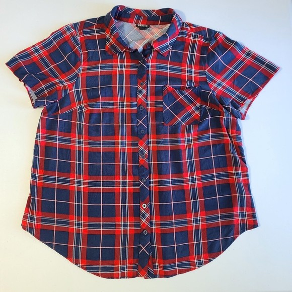 Torrid Stretch Challis Button Front Shirt Women's Size 2 Red Blue Plaid - Picture 4 of 14